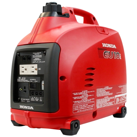 Generador portátil inverter Honda EU10IT1-LL1 de color rojo y negro con capacidad de 1kW, motor GXH50 y sistema de arranque manual retráctil, destacando su bajo nivel de ruido.