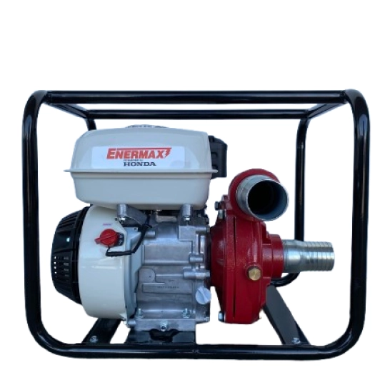 Motobomba de alta presión ENERMAX WP20H con motor Honda GP200H de 6.5 HP, estructura de marco de acero y bomba roja de 2x2 pulgadas.